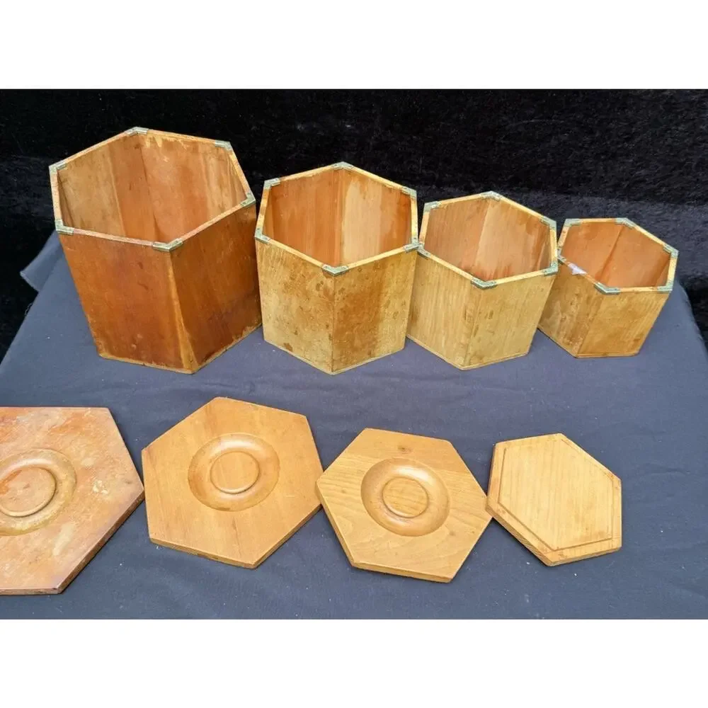 4 MCM 1960’s Japan Betson's Wood Rooster Hexagon 6-Sided Nesting Canisters
